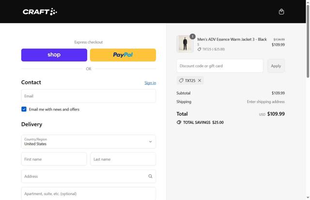 Craft Sports checkout page showing Craft Sports discount code box | Screenshot taken by SimplyCodes community member on Sep 12, 2025