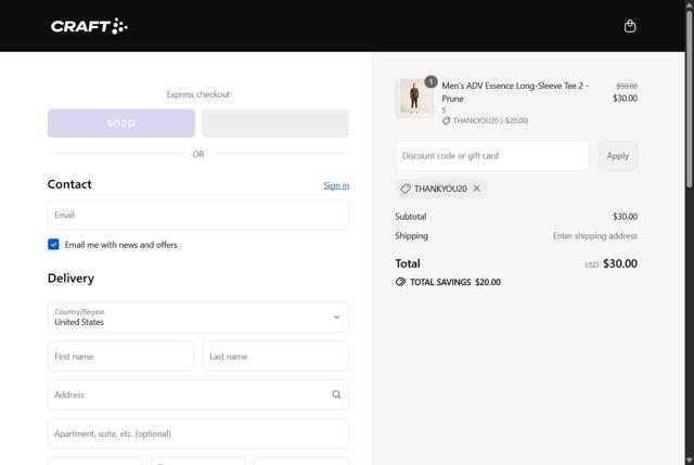 Craft Sports checkout page showing Craft Sports discount code box | Screenshot taken by SimplyCodes community member on Sep 12, 2025
