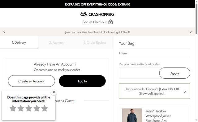 Craghoppers checkout page showing Craghoppers discount code box | Screenshot taken by SimplyCodes community member on Aug 20, 2025