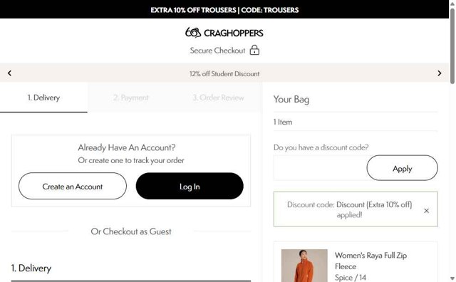 Craghoppers checkout page showing Craghoppers discount code box | Screenshot taken by SimplyCodes community member on Aug 8, 2025