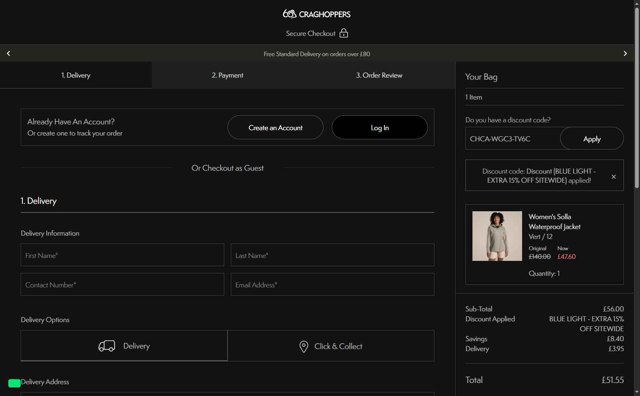 Craghoppers checkout page showing Craghoppers discount code box | Screenshot taken by SimplyCodes community member on Aug 28, 2025