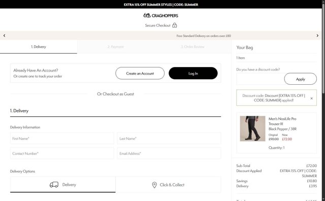 Craghoppers checkout page showing Craghoppers discount code box | Screenshot taken by SimplyCodes community member on Aug 13, 2025