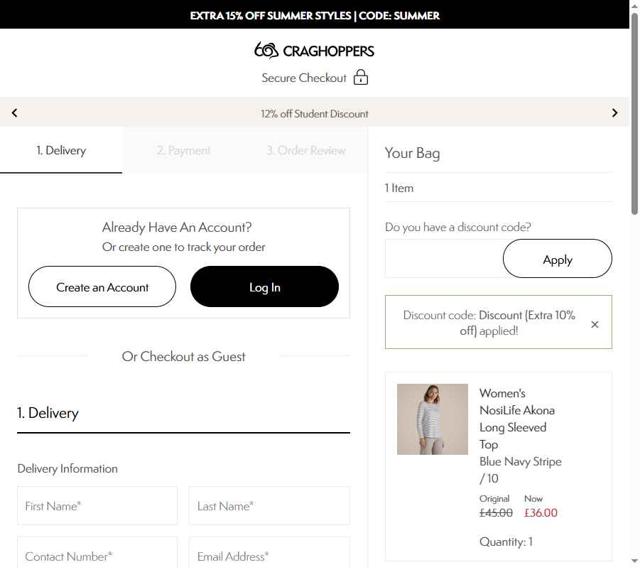 Craghoppers checkout page showing Craghoppers discount code box | Screenshot taken by SimplyCodes community member on Aug 19, 2025