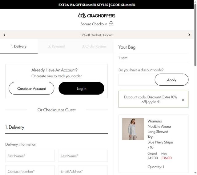 Craghoppers checkout page showing Craghoppers discount code box | Screenshot taken by SimplyCodes community member on Aug 19, 2025