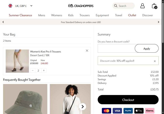 Craghoppers checkout page showing Craghoppers discount code box | Screenshot taken by SimplyCodes community member on Aug 27, 2025