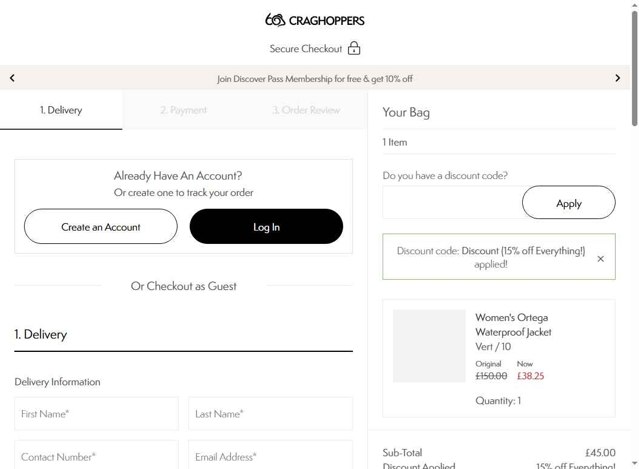 Craghoppers checkout page showing Craghoppers discount code box | Screenshot taken by SimplyCodes community member on Aug 27, 2025