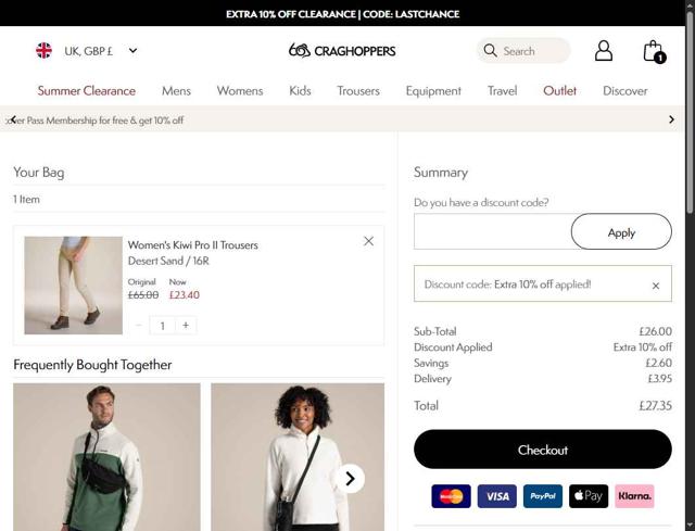 Craghoppers checkout page showing Craghoppers discount code box | Screenshot taken by SimplyCodes community member on Aug 30, 2025