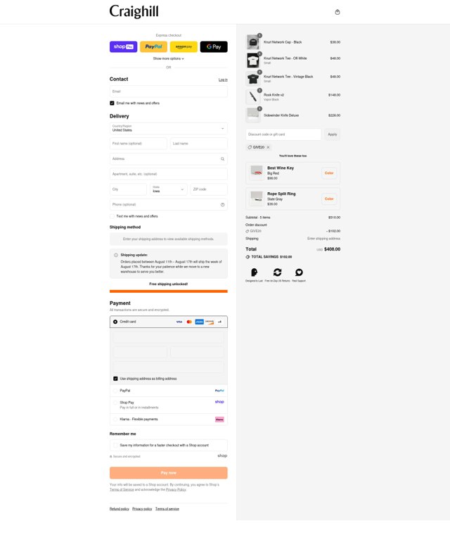 Craighill checkout page showing Craighill discount code box | Screenshot taken by SimplyCodes community member on Aug 16, 2025