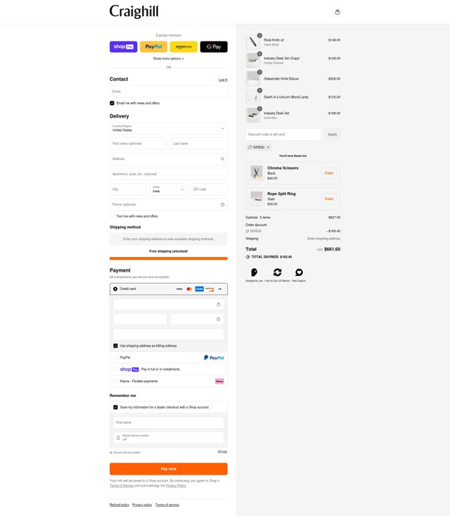 Craighill checkout page showing Craighill discount code box | Screenshot taken by SimplyCodes community member on Jul 22, 2025