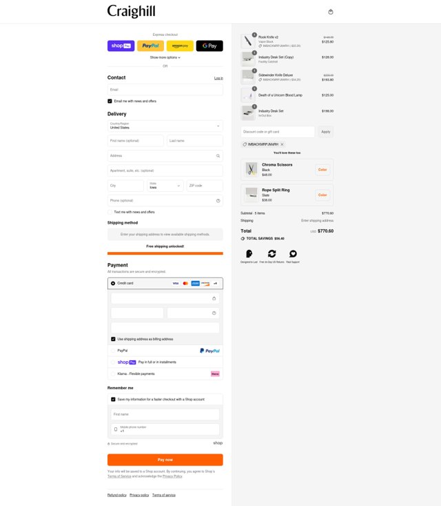 Craighill checkout page showing Craighill discount code box | Screenshot taken by SimplyCodes community member on Jul 22, 2025