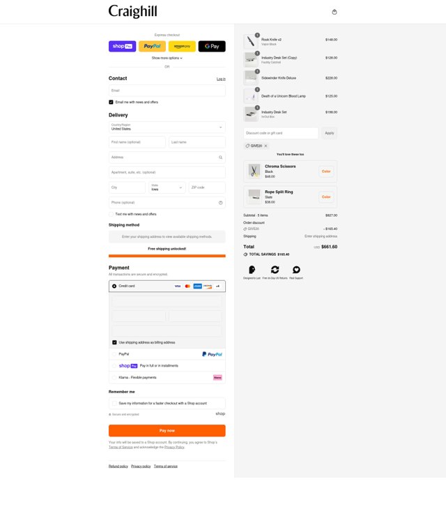 Craighill checkout page showing Craighill discount code box | Screenshot taken by SimplyCodes community member on Jul 26, 2025