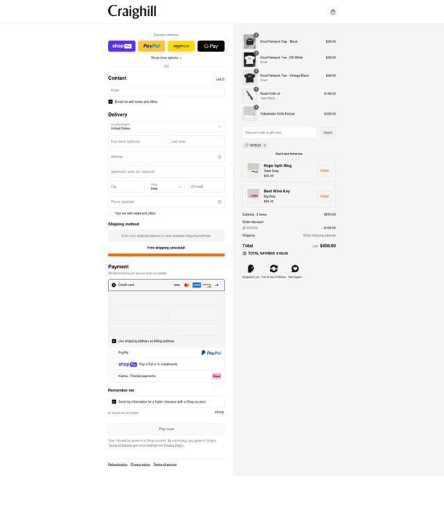 Craighill checkout page showing Craighill discount code box | Screenshot taken by SimplyCodes community member on Aug 4, 2025