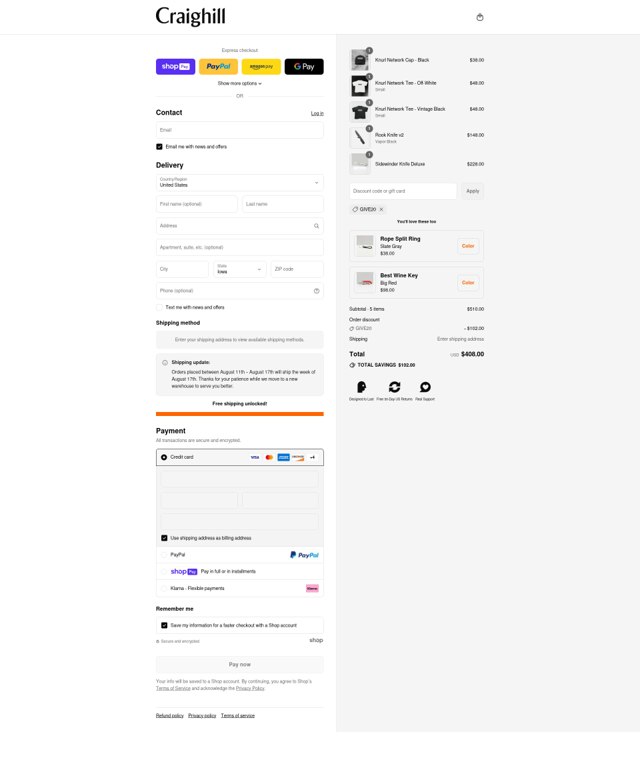 Craighill checkout page showing Craighill discount code box | Screenshot taken by SimplyCodes community member on Aug 12, 2025