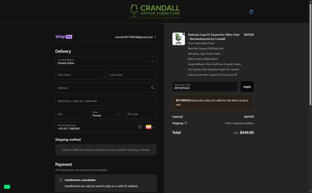 Crandall Office Furniture checkout page showing Crandall Office Furniture discount code box | Screenshot taken by SimplyCodes community member on Aug 17, 2025