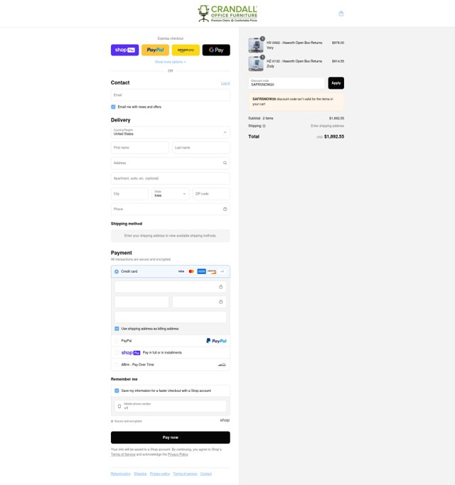 Crandall Office Furniture checkout page showing Crandall Office Furniture discount code box | Screenshot taken by SimplyCodes community member on Aug 9, 2025