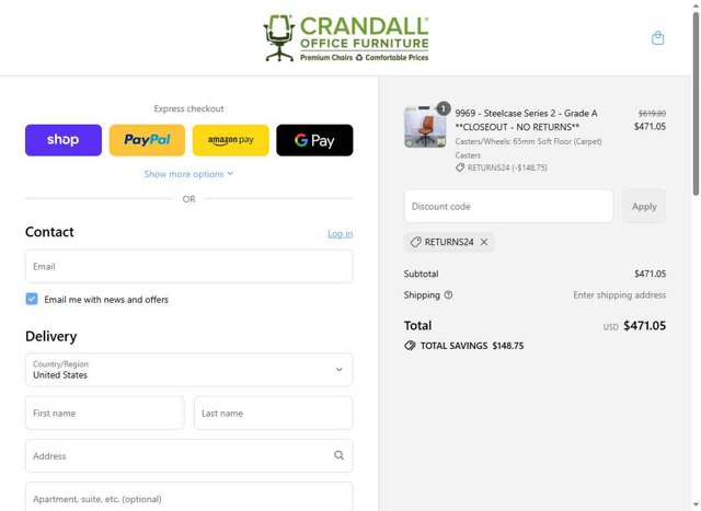 Crandall Office Furniture checkout page showing Crandall Office Furniture discount code box | Screenshot taken by SimplyCodes community member on Aug 12, 2025