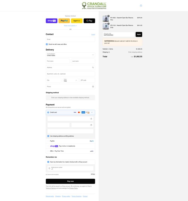 Crandall Office Furniture checkout page showing Crandall Office Furniture discount code box | Screenshot taken by SimplyCodes community member on Aug 12, 2025