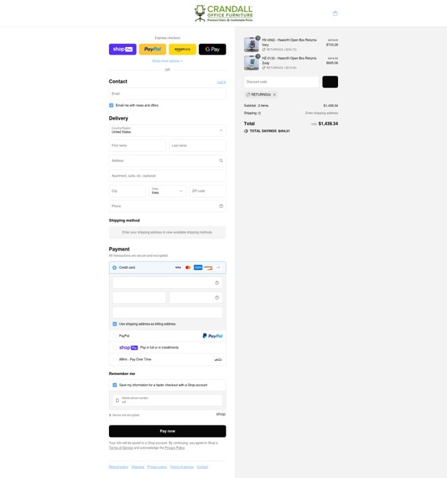 Crandall Office Furniture checkout page showing Crandall Office Furniture discount code box | Screenshot taken by SimplyCodes community member on Aug 12, 2025