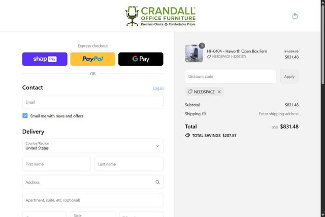 Crandall Office Furniture checkout page showing Crandall Office Furniture discount code box | Screenshot taken by SimplyCodes community member on Aug 22, 2025