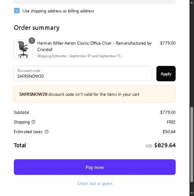 Crandall Office Furniture checkout page showing Crandall Office Furniture discount code box | Screenshot taken by SimplyCodes community member on Aug 6, 2025
