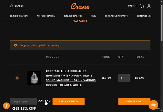Crane checkout page showing Crane discount code box | Screenshot taken by SimplyCodes community member on Jun 12, 2025