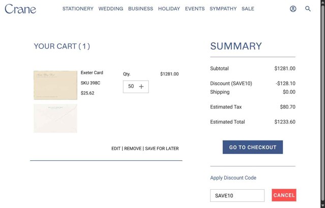 Crane & Co. checkout page showing Crane & Co. promo code box | Screenshot taken by SimplyCodes community member on Jun 21, 2025