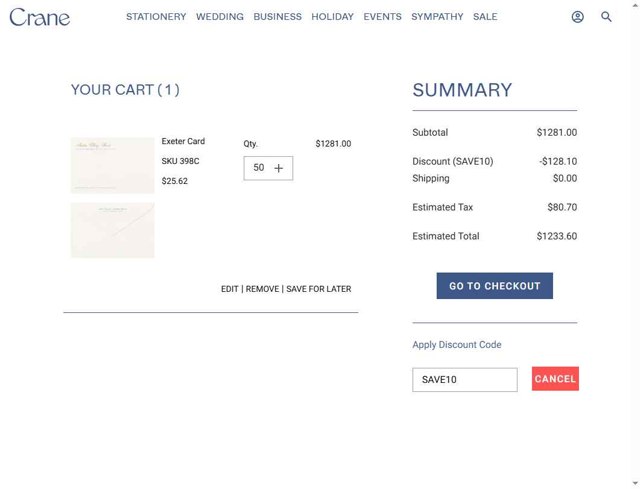 Crane & Co. checkout page showing Crane & Co. promo code box | Screenshot taken by SimplyCodes community member on Jun 30, 2025