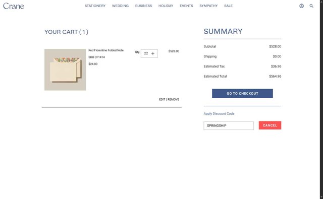 Crane & Co. checkout page showing Crane & Co. promo code box | Screenshot taken by SimplyCodes community member on Jun 10, 2025