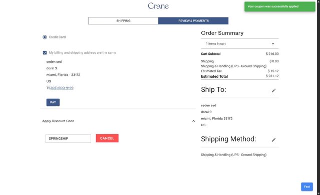 Crane & Co. checkout page showing Crane & Co. promo code box | Screenshot taken by SimplyCodes community member on Jun 10, 2025