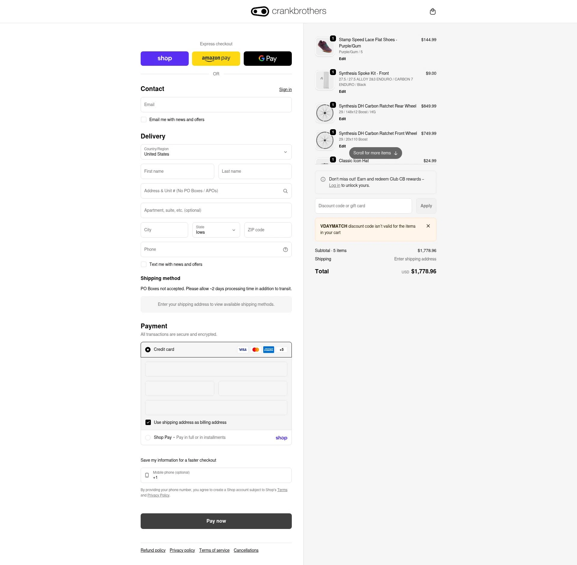 Crank Brothers checkout page showing Crank Brothers discount code box | Screenshot taken by SimplyCodes community member on Feb 18, 2026