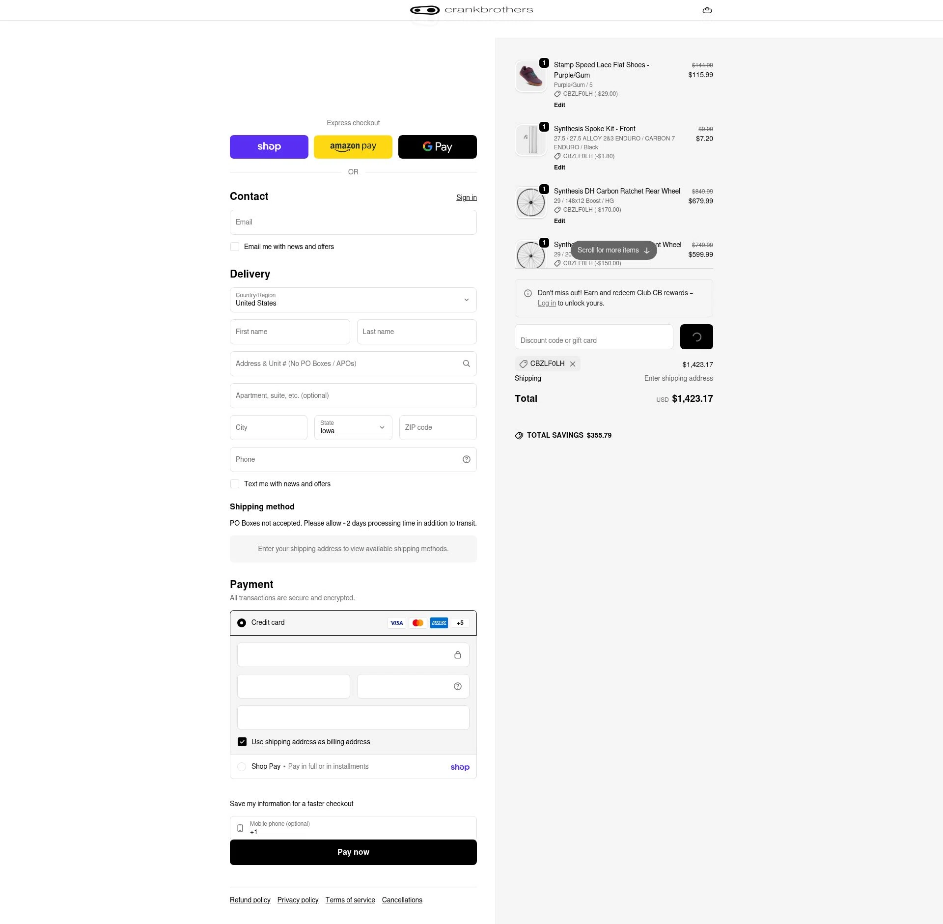 Crank Brothers checkout page showing Crank Brothers discount code box | Screenshot taken by SimplyCodes community member on Feb 18, 2026