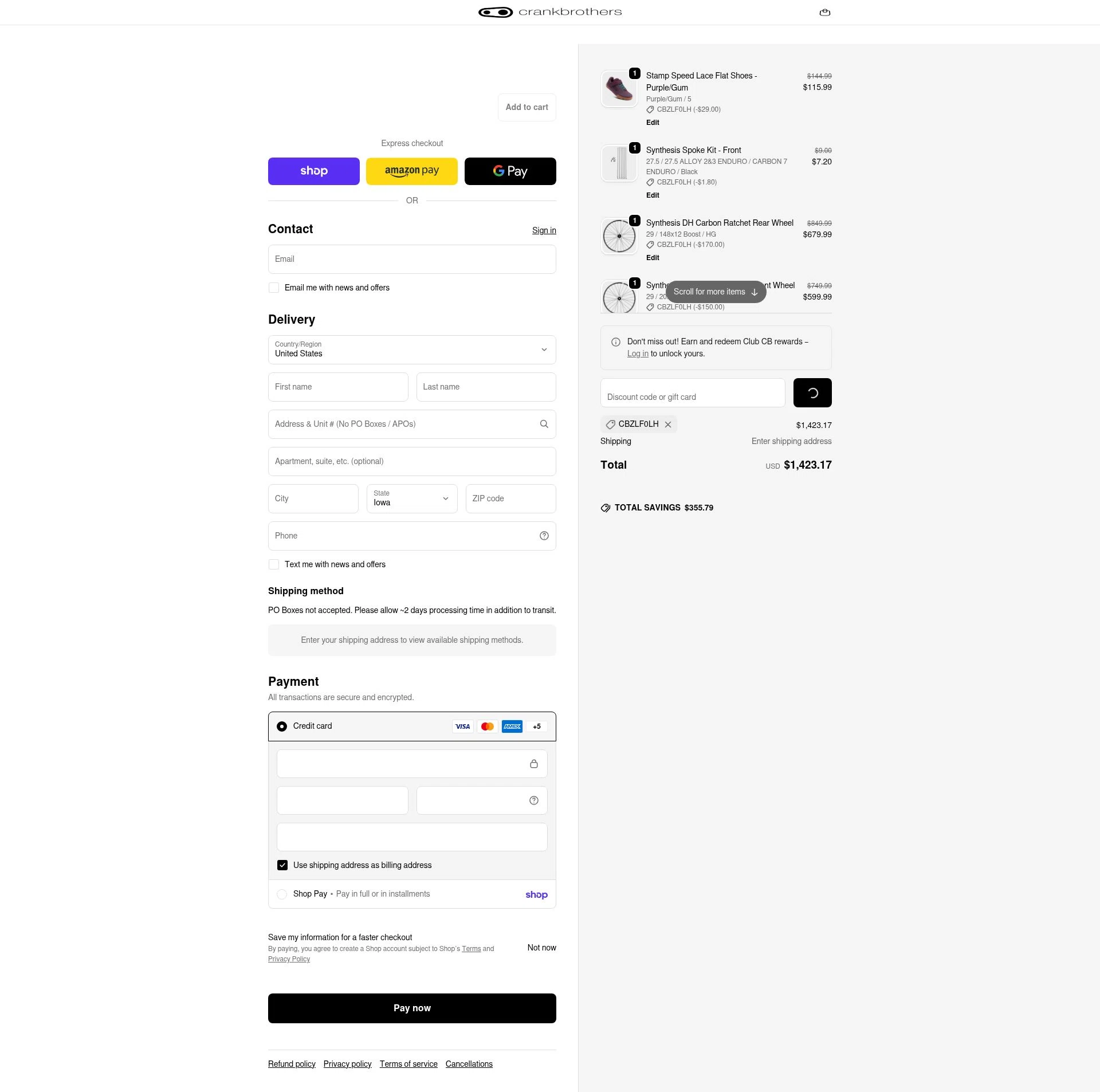 Crank Brothers checkout page showing Crank Brothers discount code box | Screenshot taken by SimplyCodes community member on Feb 13, 2026