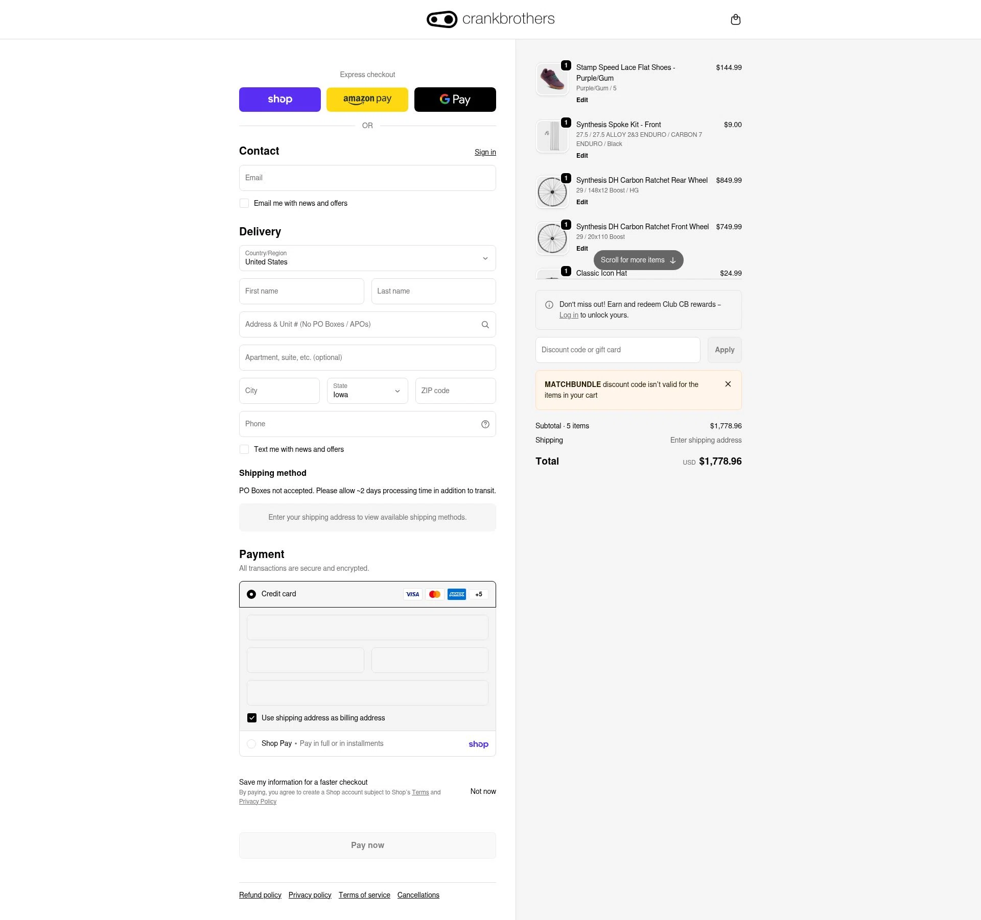 Crank Brothers checkout page showing Crank Brothers discount code box | Screenshot taken by SimplyCodes community member on Feb 13, 2026