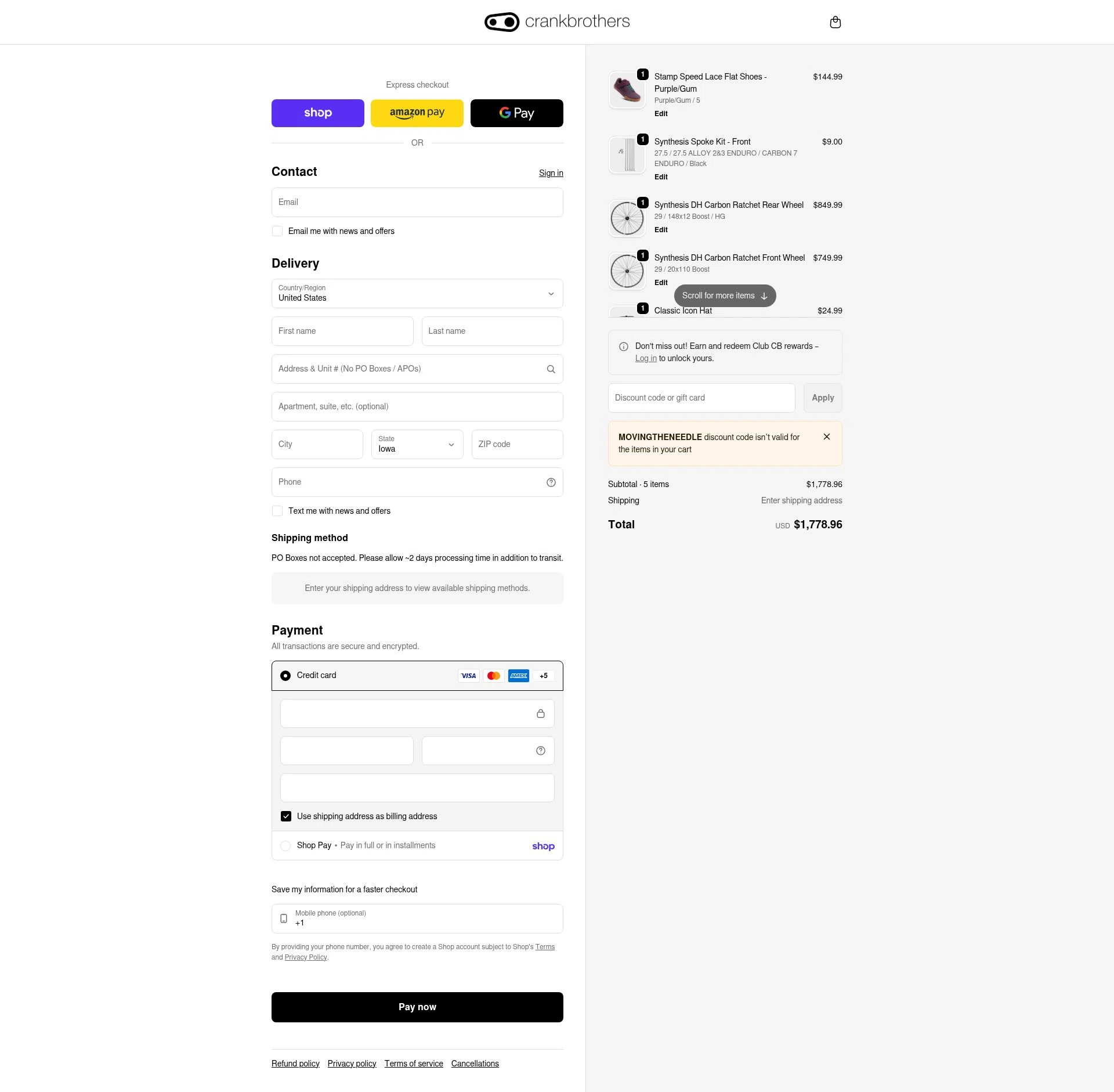 Crank Brothers checkout page showing Crank Brothers discount code box | Screenshot taken by SimplyCodes community member on Feb 18, 2026