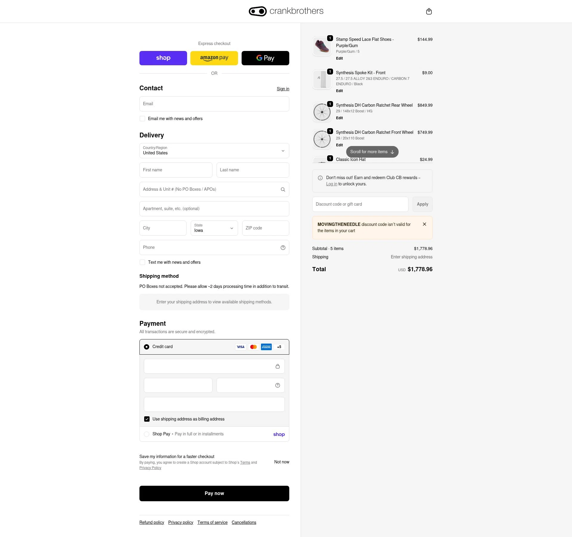 Crank Brothers checkout page showing Crank Brothers discount code box | Screenshot taken by SimplyCodes community member on Feb 13, 2026