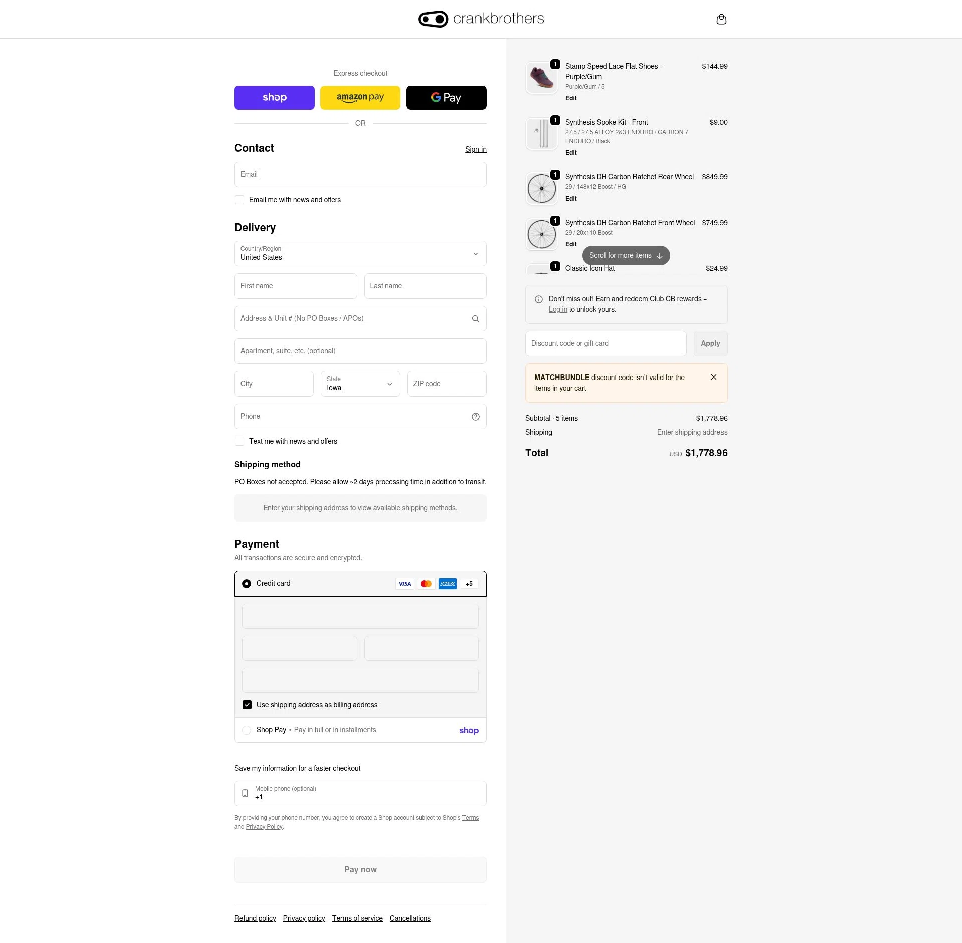 Crank Brothers checkout page showing Crank Brothers discount code box | Screenshot taken by SimplyCodes community member on Feb 18, 2026