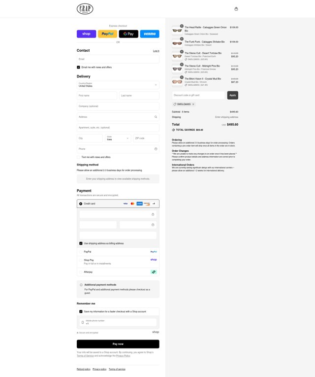 Crap Eyewear checkout page showing Crap Eyewear discount code box | Screenshot taken by SimplyCodes community member on Sep 8, 2025