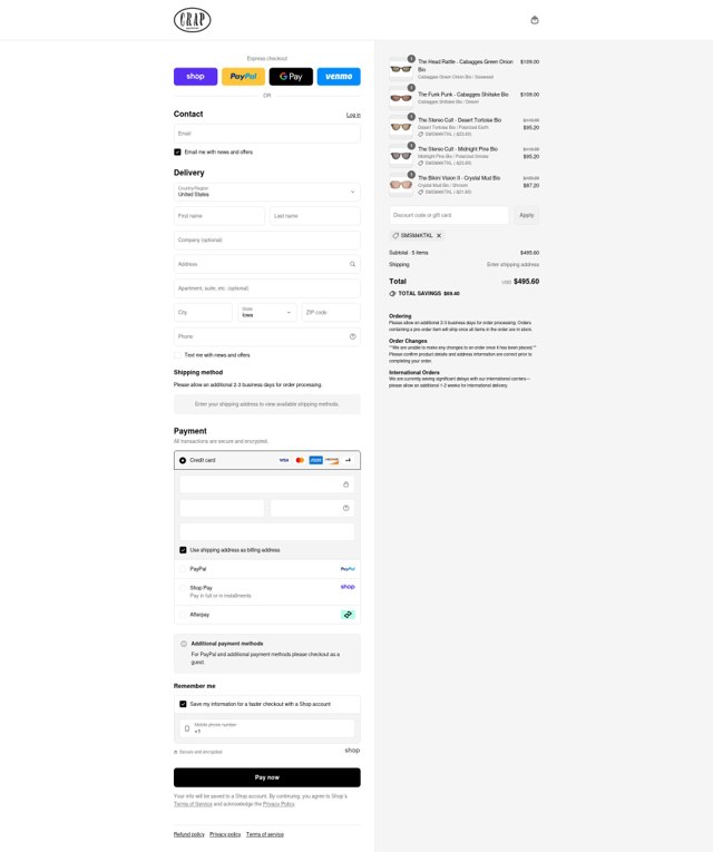 Crap Eyewear checkout page showing Crap Eyewear discount code box | Screenshot taken by SimplyCodes community member on Sep 4, 2025