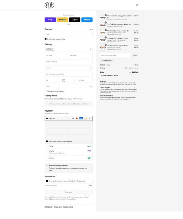 Crap Eyewear checkout page showing Crap Eyewear discount code box | Screenshot taken by SimplyCodes community member on Sep 4, 2025