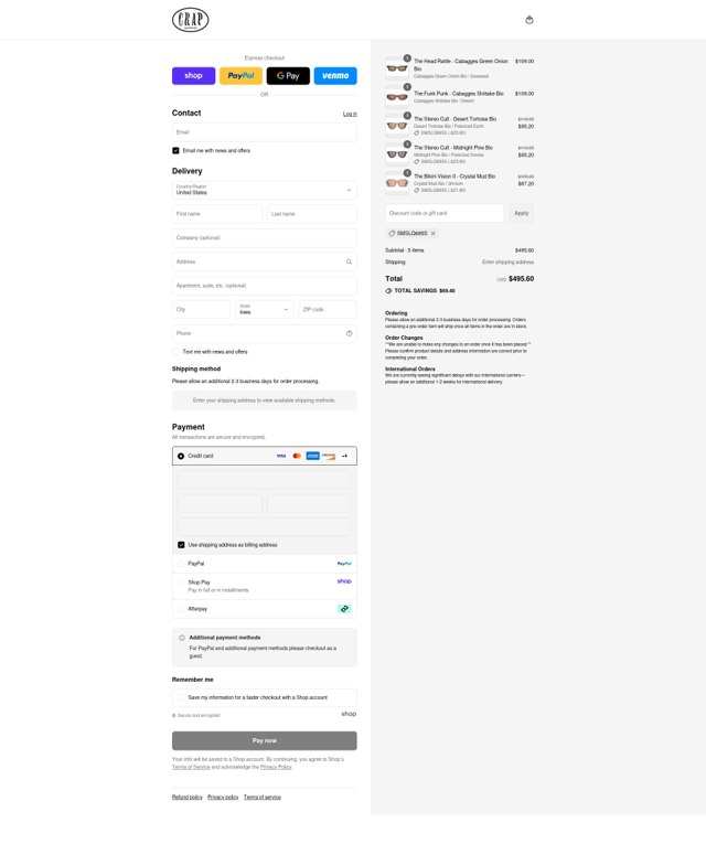 Crap Eyewear checkout page showing Crap Eyewear discount code box | Screenshot taken by SimplyCodes community member on Sep 4, 2025