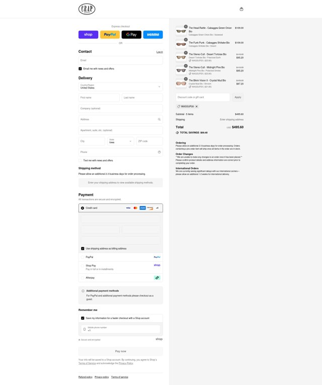 Crap Eyewear checkout page showing Crap Eyewear discount code box | Screenshot taken by SimplyCodes community member on Sep 4, 2025