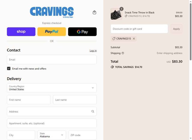 Cravings by Chrissy Teigen checkout page showing Cravings by Chrissy Teigen promo code box | Screenshot taken by SimplyCodes community member on Sep 2, 2025
