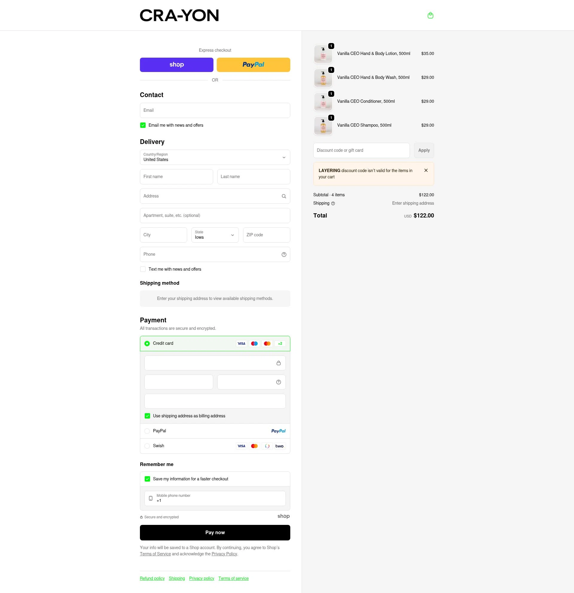 CRA-YON Parfums checkout page showing CRA-YON Parfums promo code box | Screenshot taken by SimplyCodes community member on Jan 2, 2026