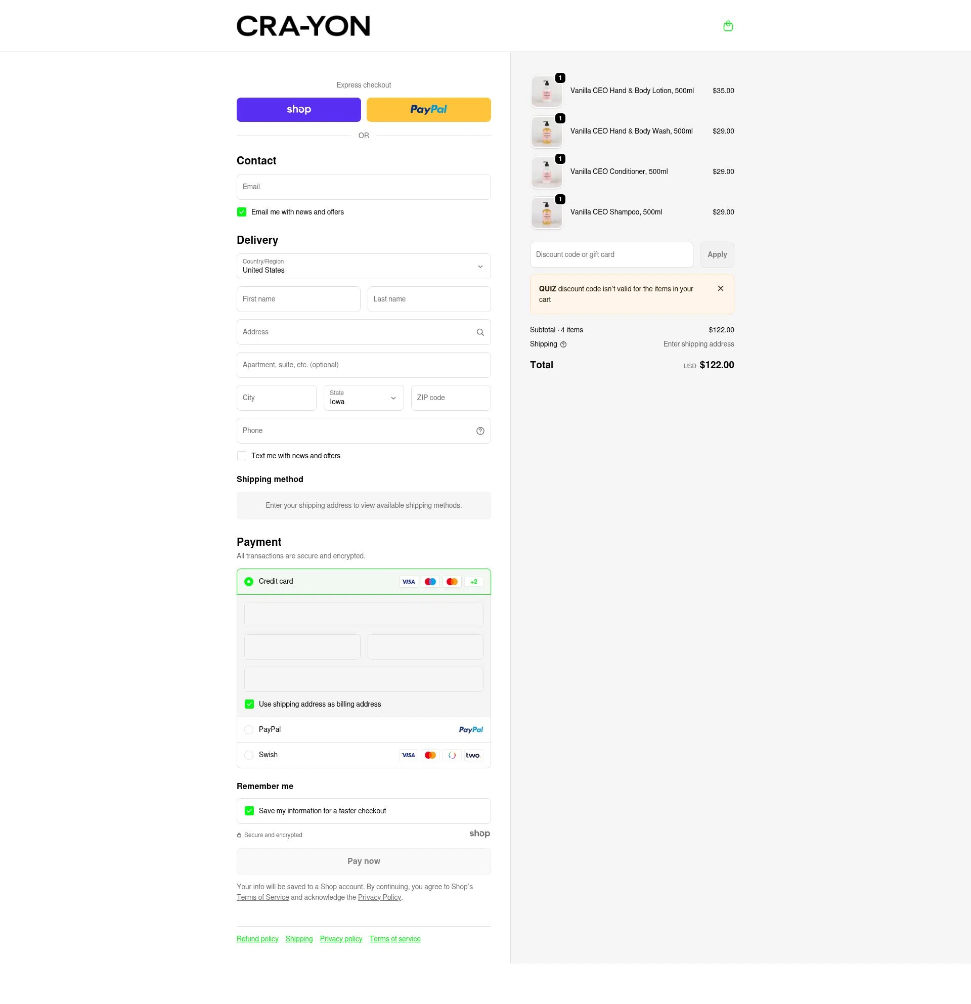 CRA-YON Parfums checkout page showing CRA-YON Parfums promo code box | Screenshot taken by SimplyCodes community member on Dec 28, 2025