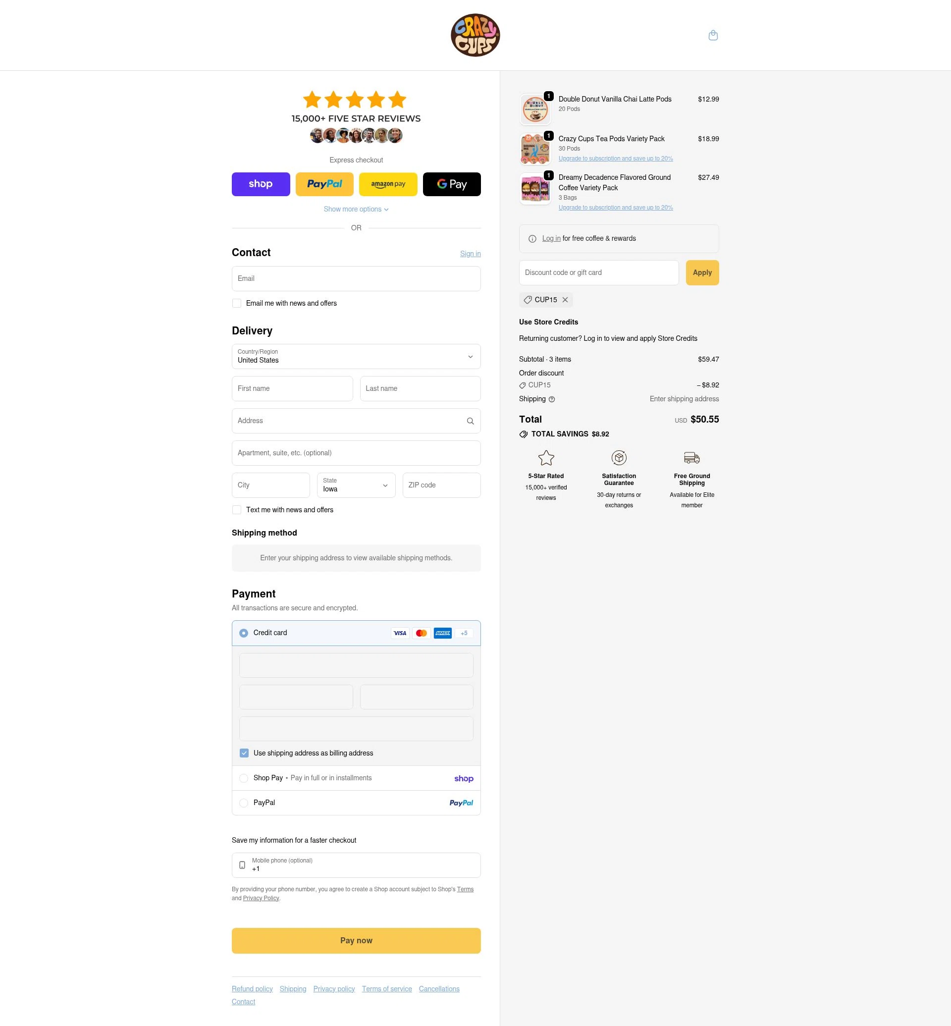 Crazy Cups checkout page showing Crazy Cups promo code box | Screenshot taken by SimplyCodes community member on Jan 31, 2026