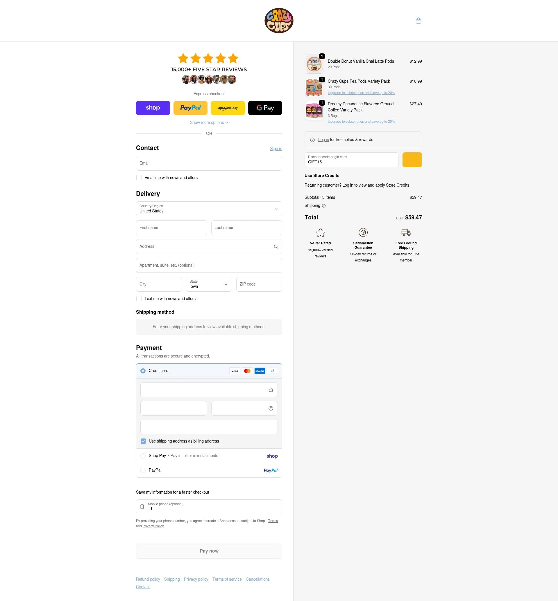 Crazy Cups checkout page showing Crazy Cups promo code box | Screenshot taken by SimplyCodes community member on Feb 5, 2026