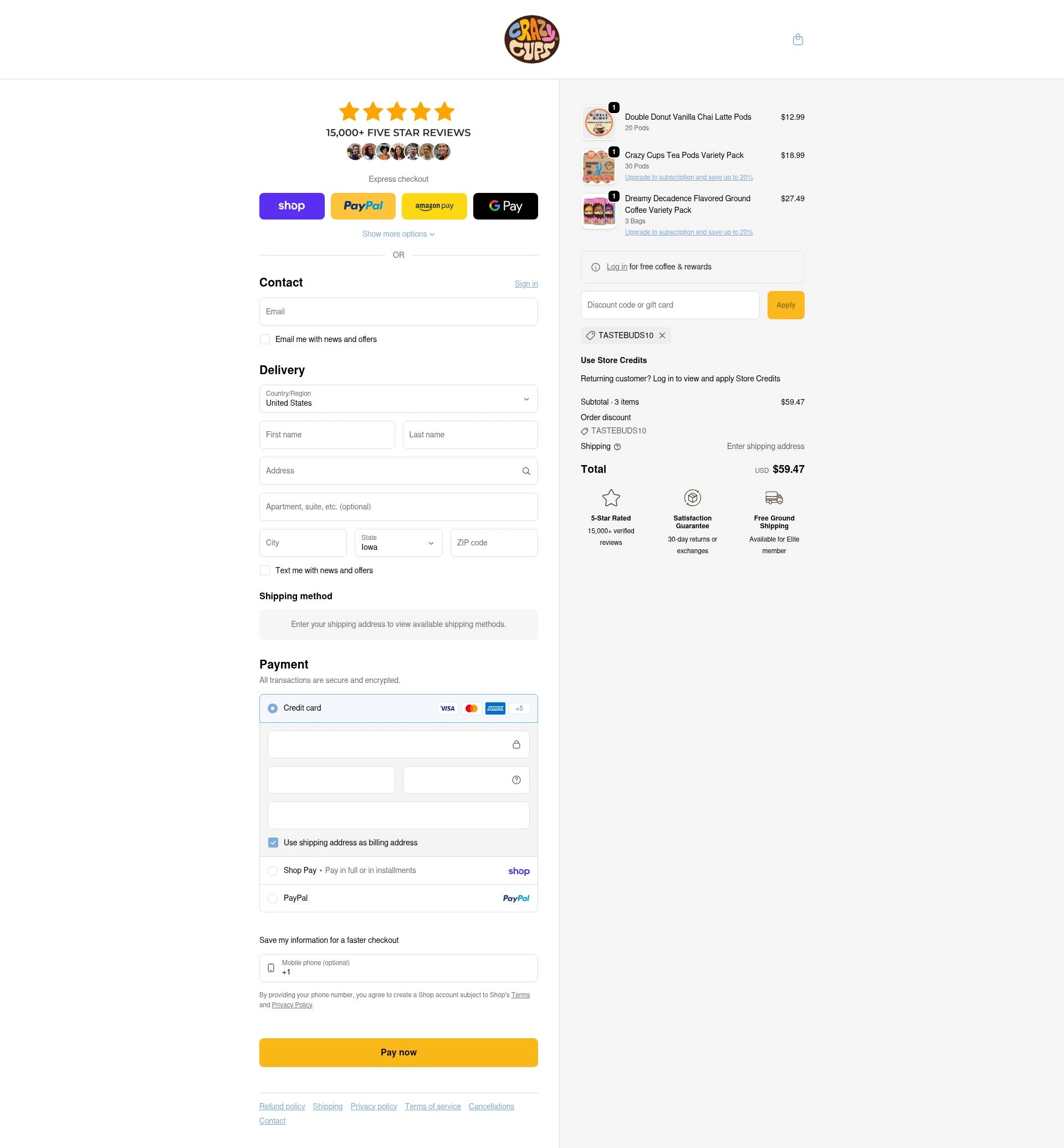 Crazy Cups checkout page showing Crazy Cups promo code box | Screenshot taken by SimplyCodes community member on Jan 31, 2026