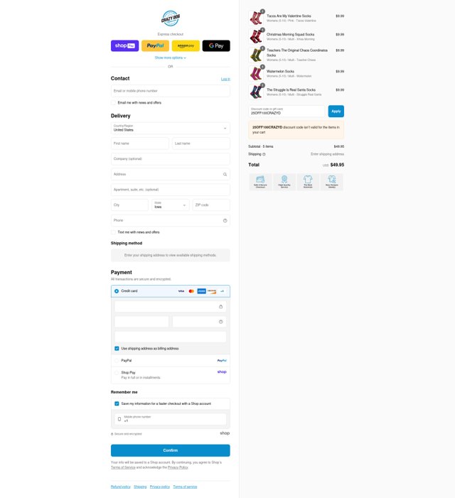 Crazy Dog Tshirts checkout page showing Crazy Dog Tshirts coupon code box | Screenshot taken by SimplyCodes community member on Aug 25, 2025