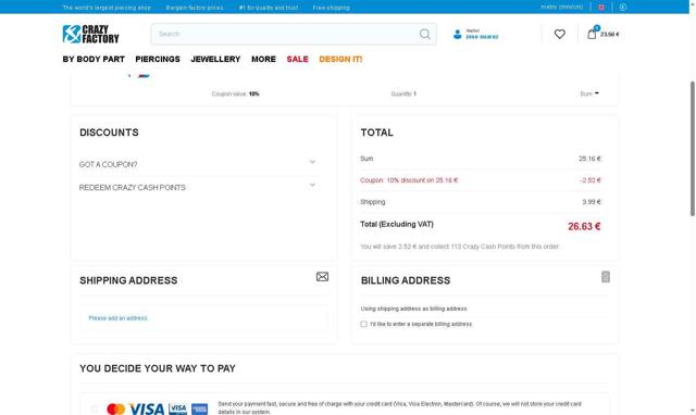 Crazy Factory checkout page showing Crazy Factory promo code box | Screenshot taken by SimplyCodes community member on Aug 18, 2025
