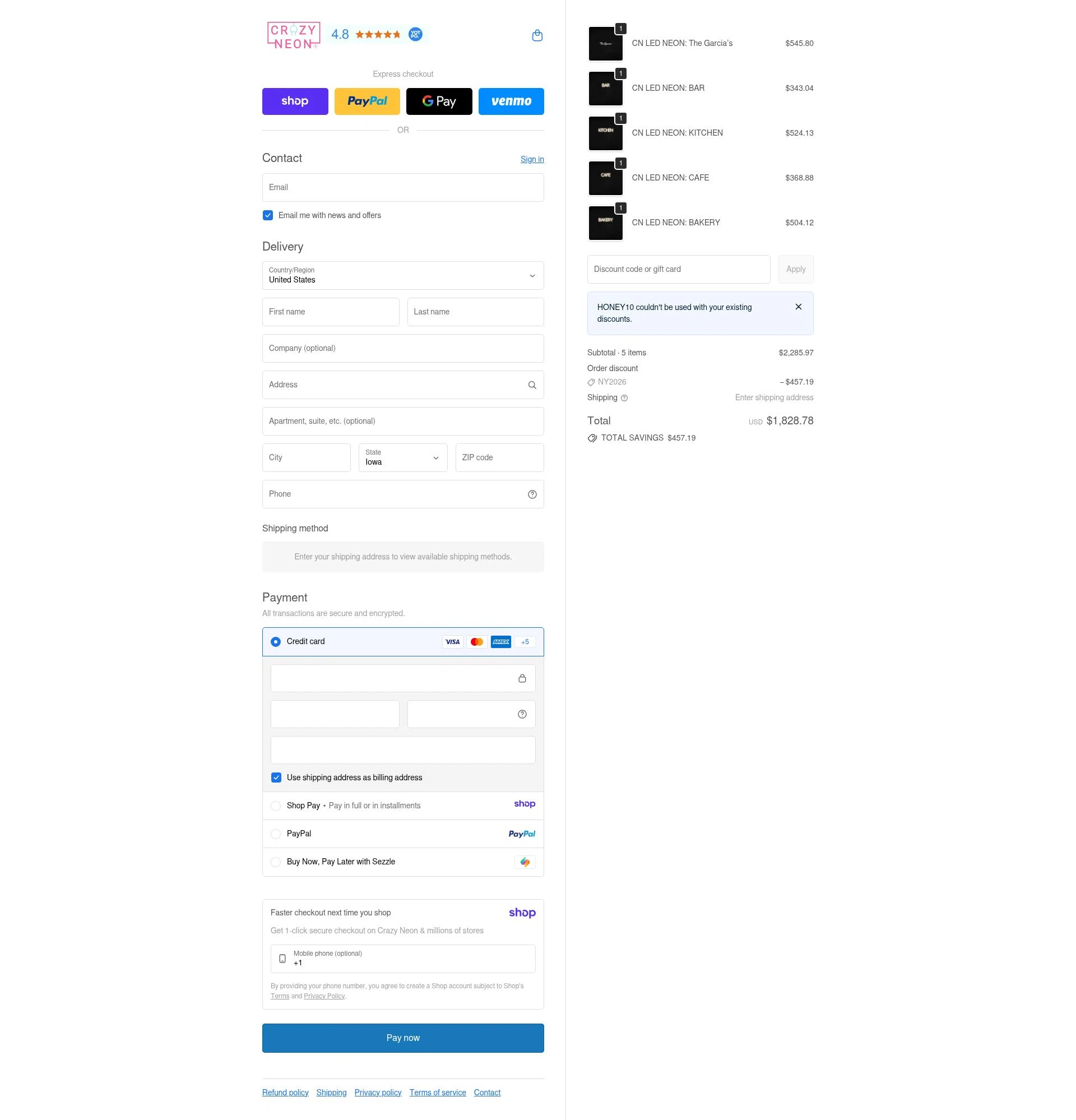 CrazyNeon USA checkout page showing CrazyNeon USA promo code box | Screenshot taken by SimplyCodes community member on Jan 11, 2026